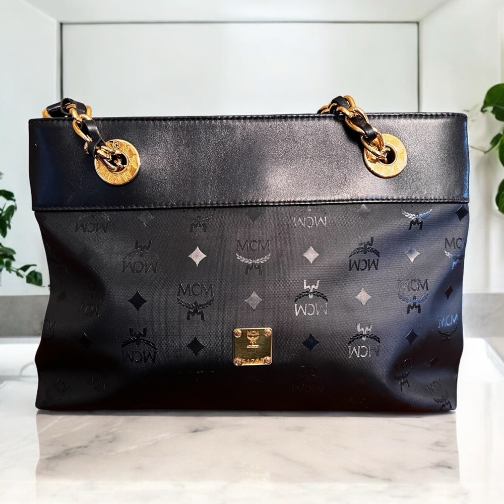 MCM Vintage Black Nylon Visetos Shoulder Handbag With Leather Trim